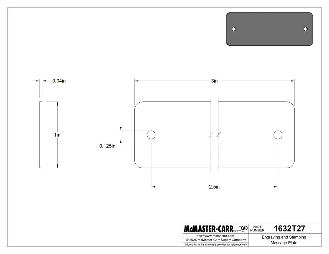 Technical Drawing of Engraving and Stamping Message Plate, with Mounting Holes, Aluminum, 1" High x 3" Wide.